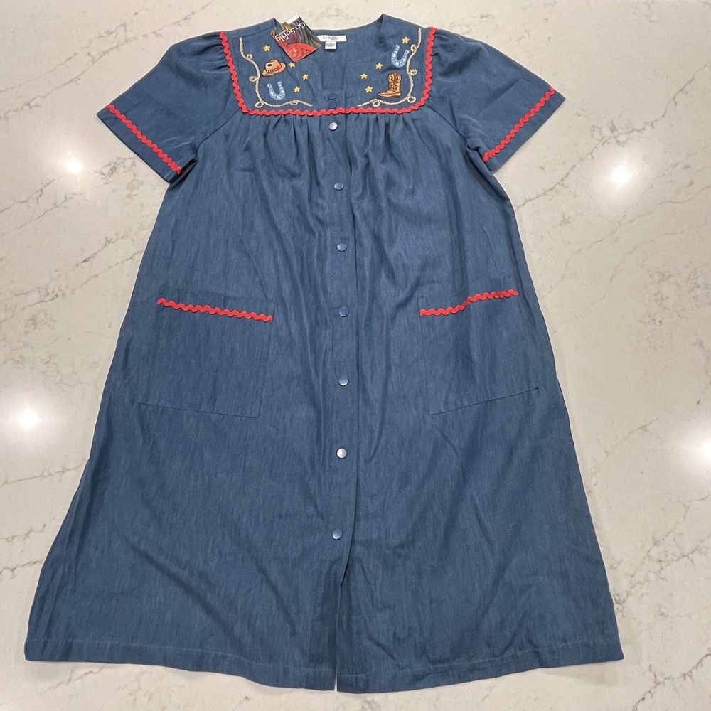 Go Softly NEW Cotton Chambray‎ Patio House Dress M Muumuu Embroidered Cowgirl